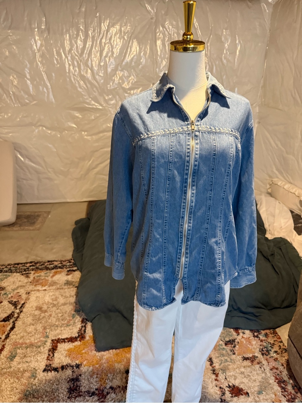 Light Blue Denim Zip-Front Shirt Blouse